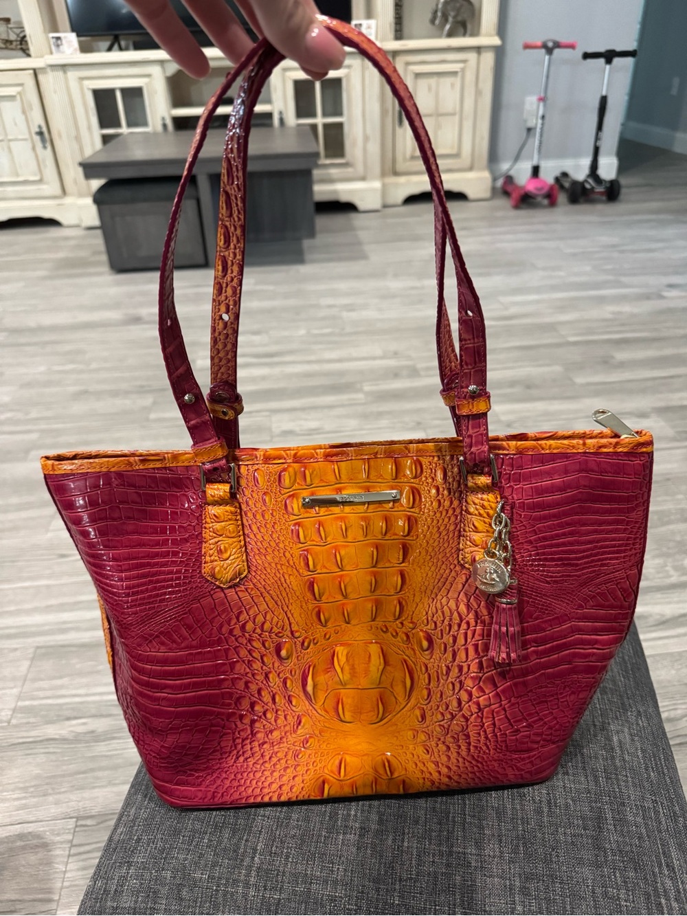 Brahmin Croc-Embossed Tote in Red and Orange Gradient